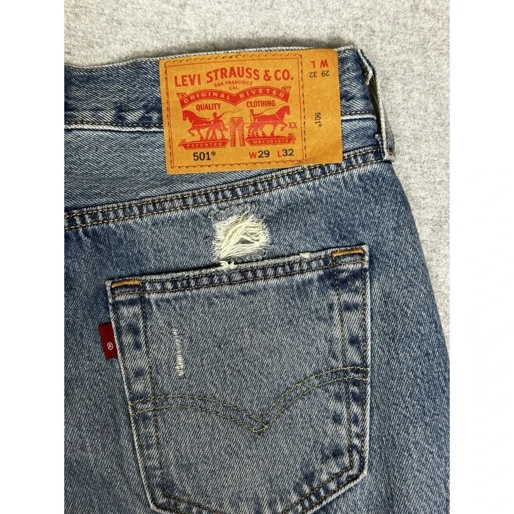 Levis‎ 501 Jeans 29x32 Blue Distressed Button Fly Straight Leg Denim Pants